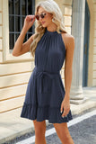 Grecian Neck Tie Waist Mini Dress DJPT