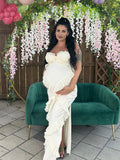White Tulle Ruffle Side Slit Corset Cami Elegant Cocktail Party Maternity Maxi Dress Maternity