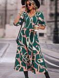 Printed Smocked V-Neck Three-Quarter Sleeve Midi Dress DJPT