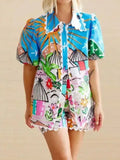 Button Up Puff Sleeve Shirt and Shorts Set DJPT