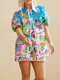 Button Up Puff Sleeve Shirt and Shorts Set DJPT
