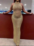 Gold Rhinestone Mesh Sleeveless Backless Photoshoot Bodycon Evening Plus Size Maternity Maxi Dress Maternity