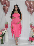 Rose Carmine Ruffle Slit Bodycon Fashion Party Photoshoot Babyshower Maternity Midi Dress Maternity