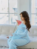 Blue Knit Ruched Off Shoulder Flare Sleeve Bodycon Elegant Cocktail Party Gown Maternity Photoshoot Baby Shower Maxi Dress Maternity