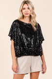 Sequin Short Sleeve Elastic Band Hem Top DJPT