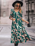 Printed Smocked V-Neck Three-Quarter Sleeve Midi Dress DJPT