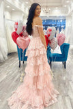 Sequin Appliques Off-the-Shoulder Ruffle Tiered Long Prom Dress Evening Gown SD1414
