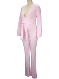 Solid Color Sashes High Waist V-Neck Long Sleeve Baby Shower Plus Size Maternity Jumpsuit Maternity