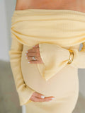 Yellow Knit Off Shoulder Flare Sleeve Mermaid Bodycon Elegant Vacation Photoshoot Baby Shower Maternity Maxi Dress Maternity