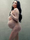 Solid Color Pear Rhinestone Sheer Long Sleeve Fashion Photoshoot Maternity Baby Shower Mini Dress Maternity