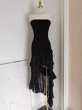 High Low Strapless Black Chiffon Ruffles Vacation Dress Women Dresses SD140