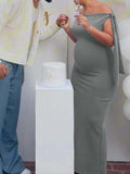 Grey Asymmetric Shoulder Knotted One Shoulder Sleeveless Bodycon Elegant Cocktail Party Maternity Photoshoot Baby Shower Maxi Dress Maternity