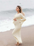 White Knit Pleated Tie Back Ruffle Falbala Frill Hem Backless Big Swing Elegant Cocktail Party Gown Maternity Photoshoot Baby Shower Maxi Dress Maternity