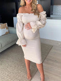 Ruffle Off Shoulder Long Sleeve Bodycon Baby Shower Maternity Midi Dress Maternity