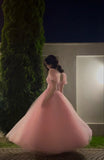 A Line Short Sleeves Pink Tulle Long Prom Dresses Formal Evening Dress SD1415