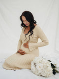 Knit Pleated Big Swing V-neck Plus Size Sweater Elegant Going Out Maternity Photoshoot Baby Shower Maxi Dress Maternity