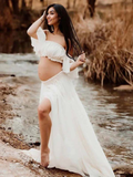 Solid Color Bohemian Off Shoulder Backless Ruffle 2 piece set Photoshoot Maternity Maxi Dress Maternity