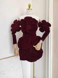 Sheath Strapless Burgundy Velvet Vacation Dresses Short Burgundy Birthday Dress With Gloves SD235