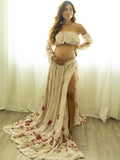 Two Piece Boho Flower Printing Off Shoulder Chiffon Crop Bandeau Photoshoot Maternity Maxi Dress Maternity