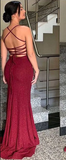 Sheath Spaghetti Straps Burgundy Slit Long Evening Dress Prom Dresses SD1731
