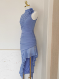 Sheath High Neckline Blue Ruffles Vacation Dresses Short Birthday Outfits SD346