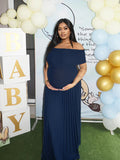 Solid Color Ruched Pleated Off Shoulder Big Swing Elegant Cocktail Party Maternity Photoshoot Baby Shower Maxi Dress Maternity
