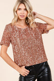 Sequin Short Sleeve Round Neck Cropped Blouse DJPT