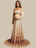 Two Piece Boho Flower Printing Off Shoulder Chiffon Crop Bandeau Photoshoot Maternity Maxi Dress Maternity