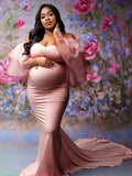 Bandeau Cascading Ruffle Tulle Ruffle Sleeve Mermaid Bodycon Photoshoot Maternity Maxi Dress Maternity