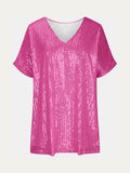 Size Sequin V-Neck Short Sleeve Top DJPT