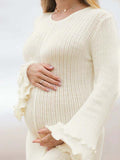 White Knit Pleated Tie Back Ruffle Falbala Frill Hem Backless Big Swing Elegant Cocktail Party Gown Maternity Photoshoot Baby Shower Maxi Dress Maternity