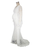 White Lace Trumpet V-Neck Flare Sleeve Bodycon Prom Wedding Gown Photoshoot Maternity Maxi Dress Maternity