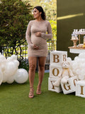 Solid Color Pear Rhinestone Sheer Long Sleeve Fashion Photoshoot Maternity Baby Shower Mini Dress Maternity
