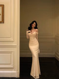 Mermaid Off The Shoulder Long Sleeves White Long Prom Dresses Birthday Dress SD291 HZ0628