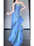 Mermaid Spaghetti Straps Blue Ankle length Prom Dresses Birthday Outfits With Flower SD522