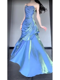 Mermaid Spaghetti Straps Blue Ankle length Prom Dresses Birthday Outfits With Flower SD522