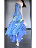 Mermaid Spaghetti Straps Blue Ankle length Prom Dresses Birthday Outfits With Flower SD522